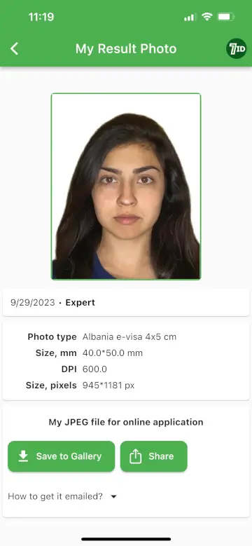 Aplicación 7ID: muestra de fotografía para la visa de Albania