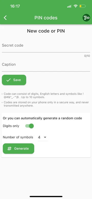 7ID: Згенеруйте PIN-код або код