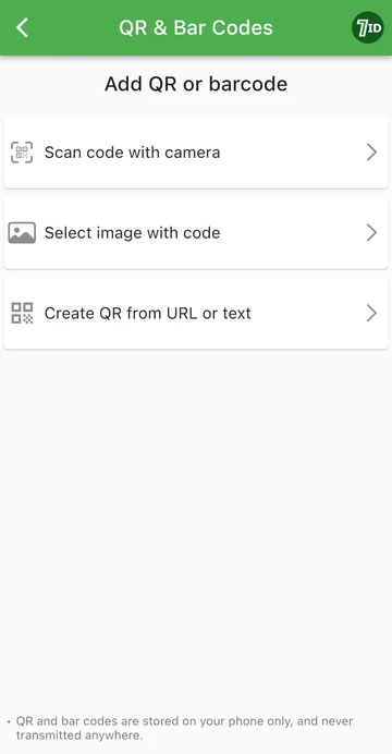 7ID ایپ: ایک QR یا بار کوڈ شامل کریں۔